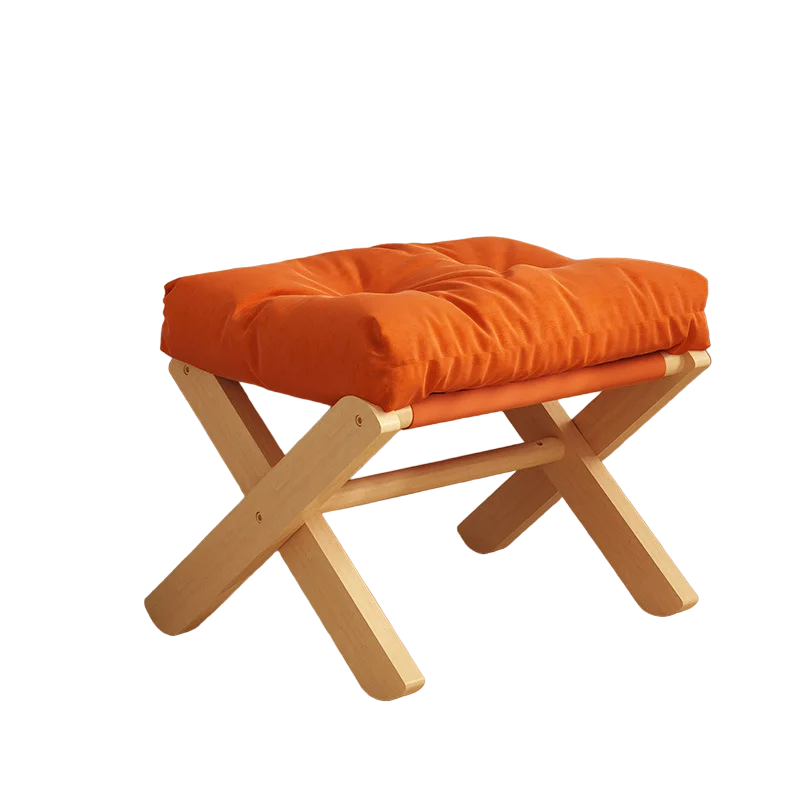 Foldable Beech Wooden Foot Stool with Soft Cushion - Orange