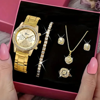Womens Luxury Gold Watch Jewelry Set (5PCS)