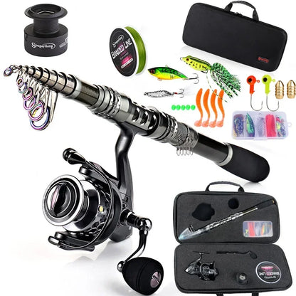 Telescopic Rod and Spinning Reel Carbon Fiber Travel Set Black