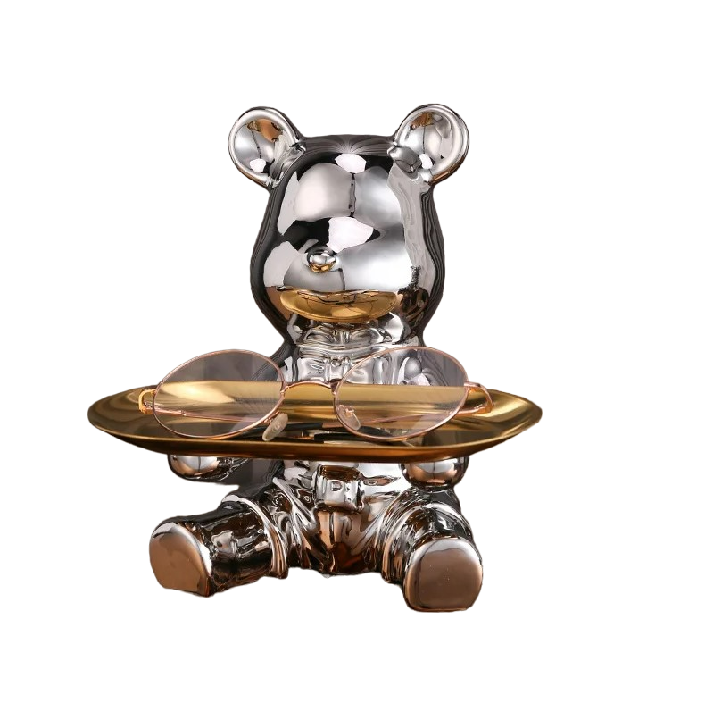 Sculpted Elegance: Silver-B Ceramic Electroplated Bear Doll Ornament
