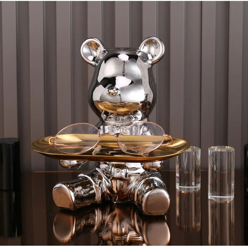 Sculpted Elegance: Silver-B Ceramic Electroplated Bear Doll Ornament