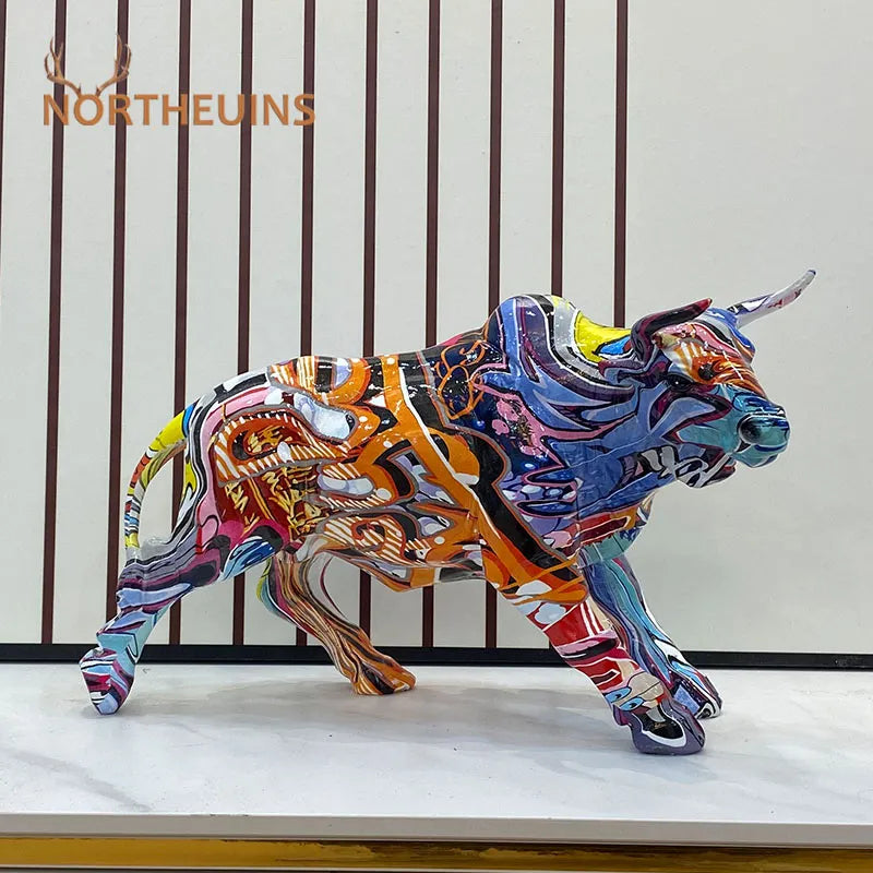Graffiti Bull Figurine: Artistic Feng Shui Decor for Home and Office