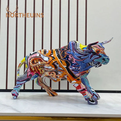Graffiti Bull Figurine: Artistic Feng Shui Decor for Home and Office