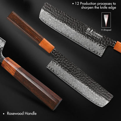 7-Inch Hand-Forged Japanese Nakiri Knife 67-Layer Damascus Steel Brown