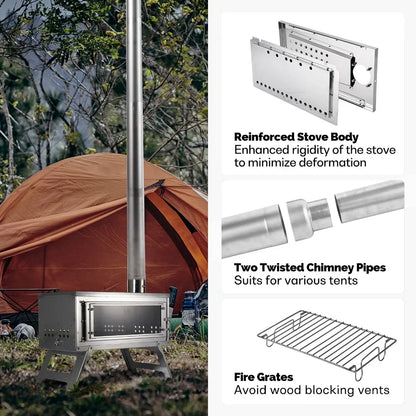 Portable Folding Wood Stove with Chimney Fastfold Tent Stove Silver