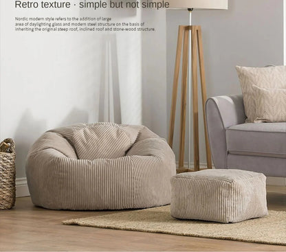 2-in-1 Bean Bag Chair & Footstool Cover Set Flannel Corduroy No Filler Beige