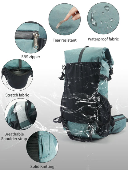 40L Waterproof Hiking And Camping Backpack Gray Blue