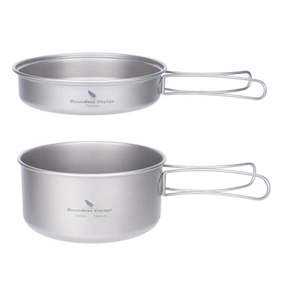 Titanium Camping Cookware Set Pan with Folding Handles Silver