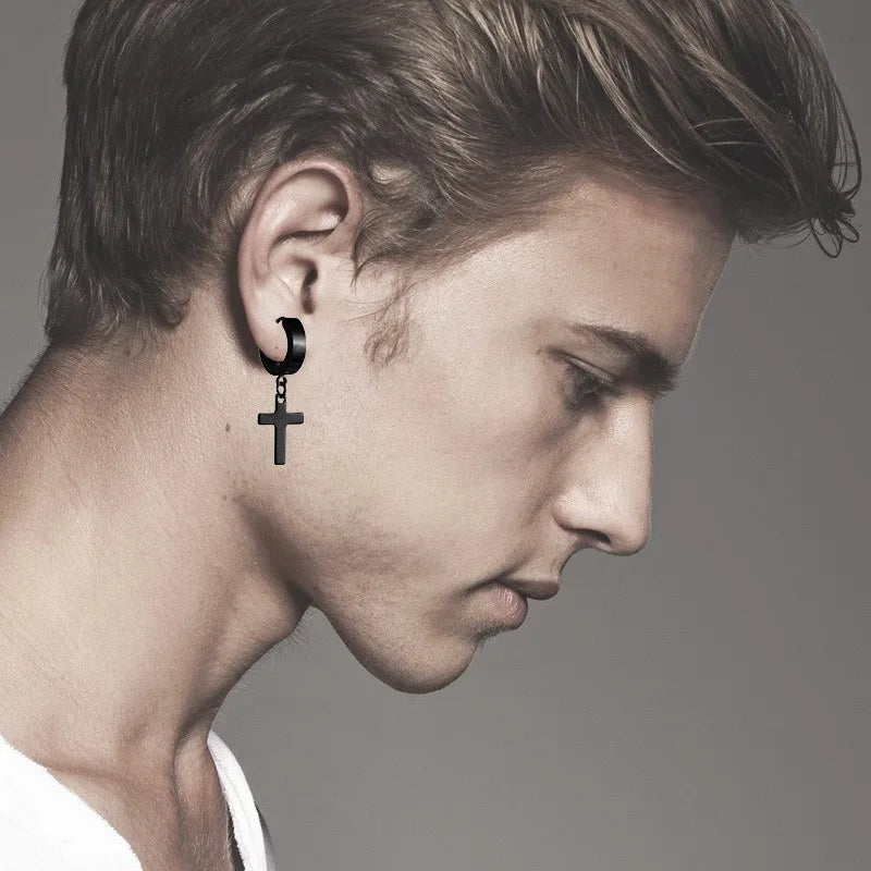 Earrings Stainless Steel 5 Pairs Set for Men (Black)