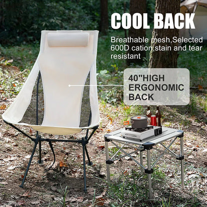Portable Folding Camping Chair with Headrest Aluminum Beige