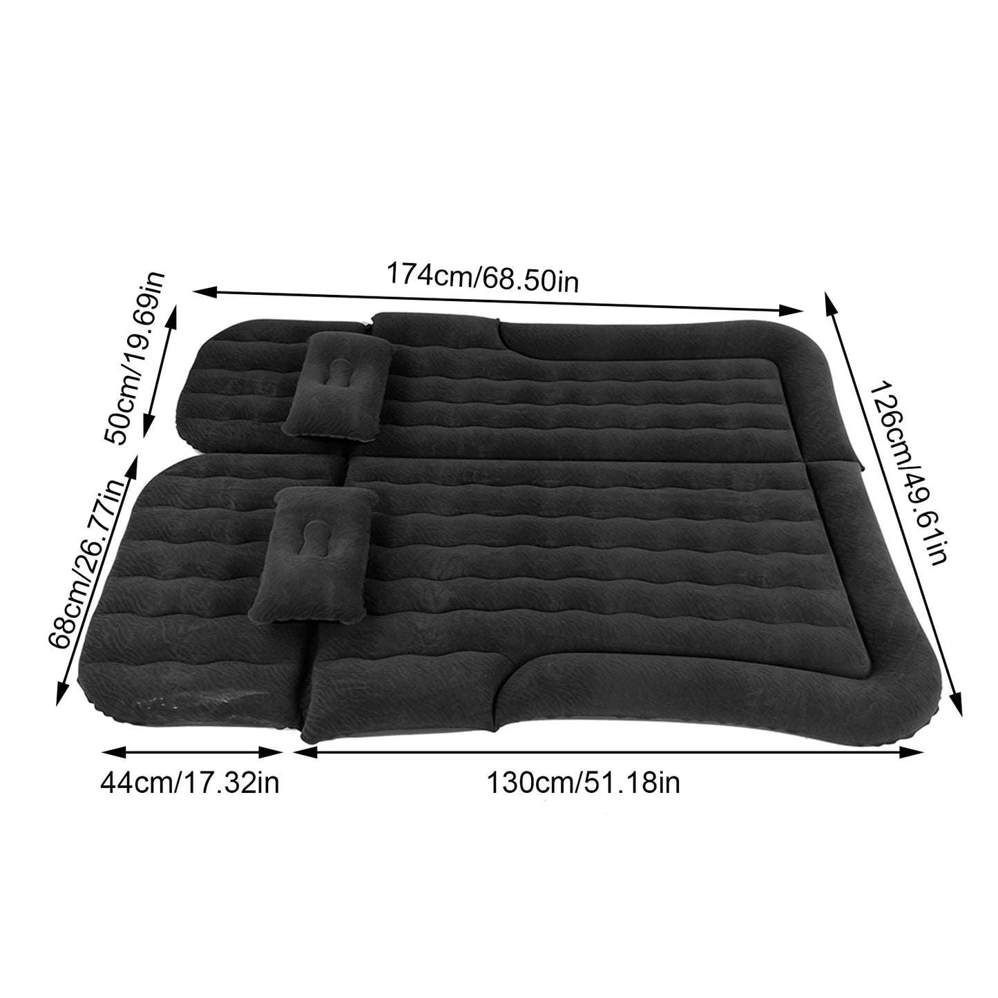 2-in-1 Car Inflatable Mattress Soft PVC Flocking Travel Bed with Pump Black