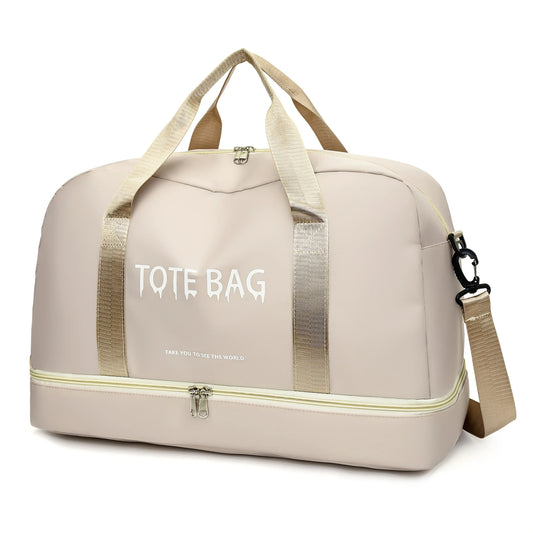 Travel Duffle Bag with Shoe Compartment & Strap (Beige)