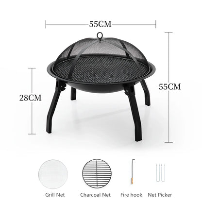 Outdoor Charcoal Fire Pit Portable Iron Fire Bowl with Folding Legs Black
