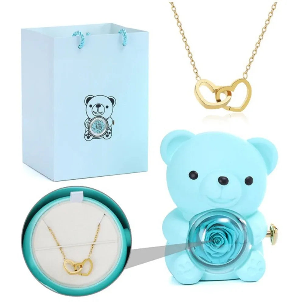 Teddy Bear Gift Box with Rose Jewelry Storage (Blue)