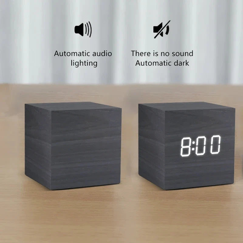 Wooden Digital Alarm Clock – LED Display with Temperature & Sound Control