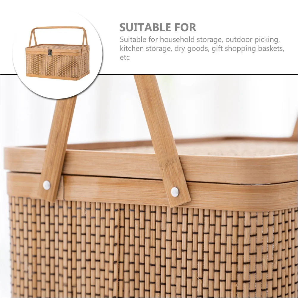 Woven Storage Basket with Locking Lid for Picnic