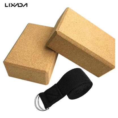 Yoga Blocks Set with Cork Blocks and Stretching Strap (Beige)