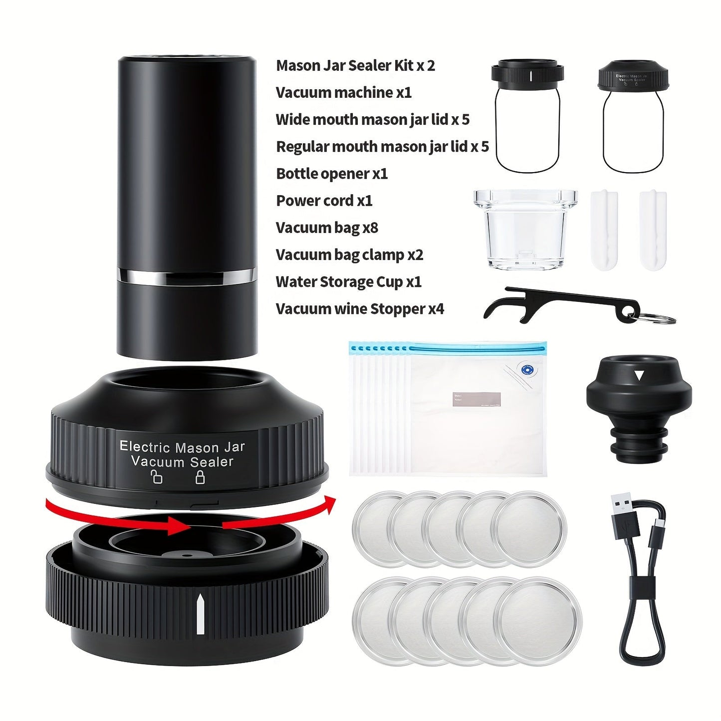 Mason Jar Rechargeable Vacuum Sealer Kit (30-in-1)