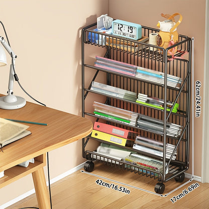 Office Bookshelf with Wheels and Storage Basket