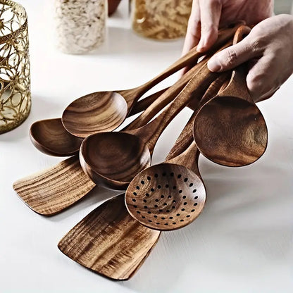 7-Piece Natural Teak Wooden Spoons for Cooking Set