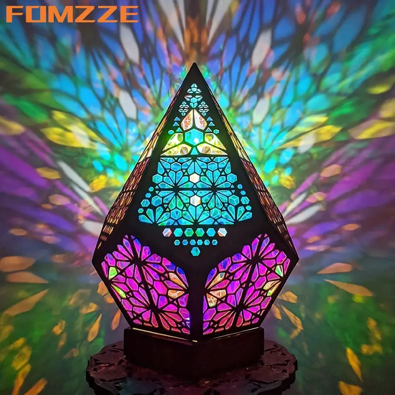 Wooden Bohemian Floor Lamp with USB Charging Port - Retro LED Colorful Diamond Lights