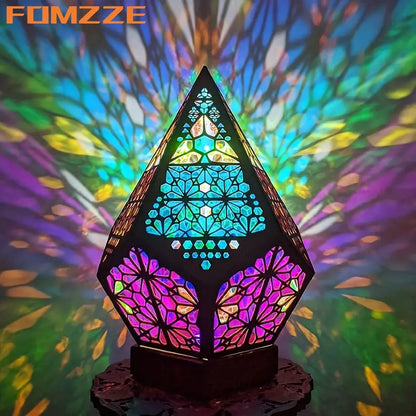 Wooden Bohemian Floor Lamp with USB Charging Port - Retro LED Colorful Diamond Lights