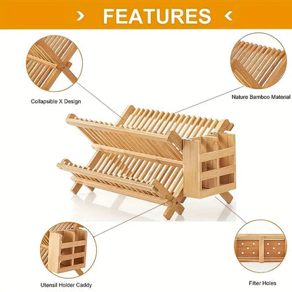High Quality Natural Bamboo Dish Rack - Foldable and Compact