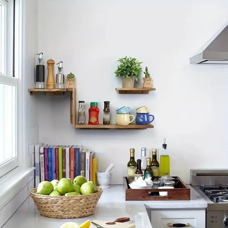Rustic Wooden Wall Mounted Corner Shelf Set