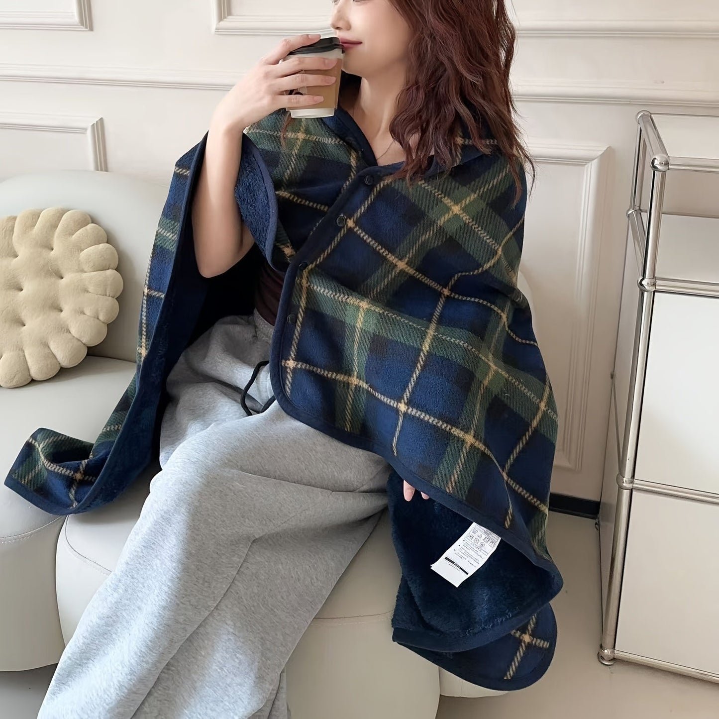 Wearable Plaid Blanket Fleece Shawl for Winter