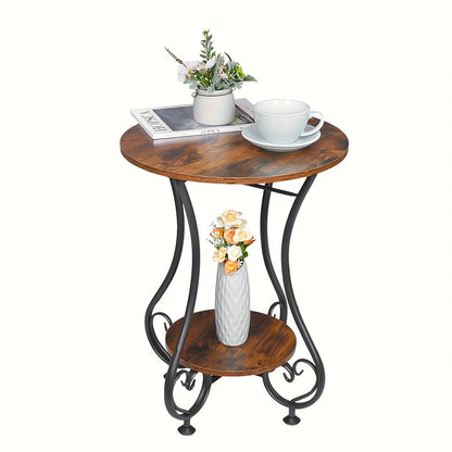 Retro Round Side Table with Bookshelf Storage