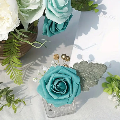 25pcs Teal Green Artificial Roses with Flexible Stems