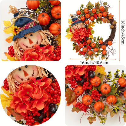 Halloween Autumn Scarecrow Wreath with Pumpkins