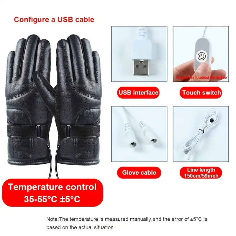 Winter Warm USB Heated Gloves - Touch Screen, Waterproof, Black