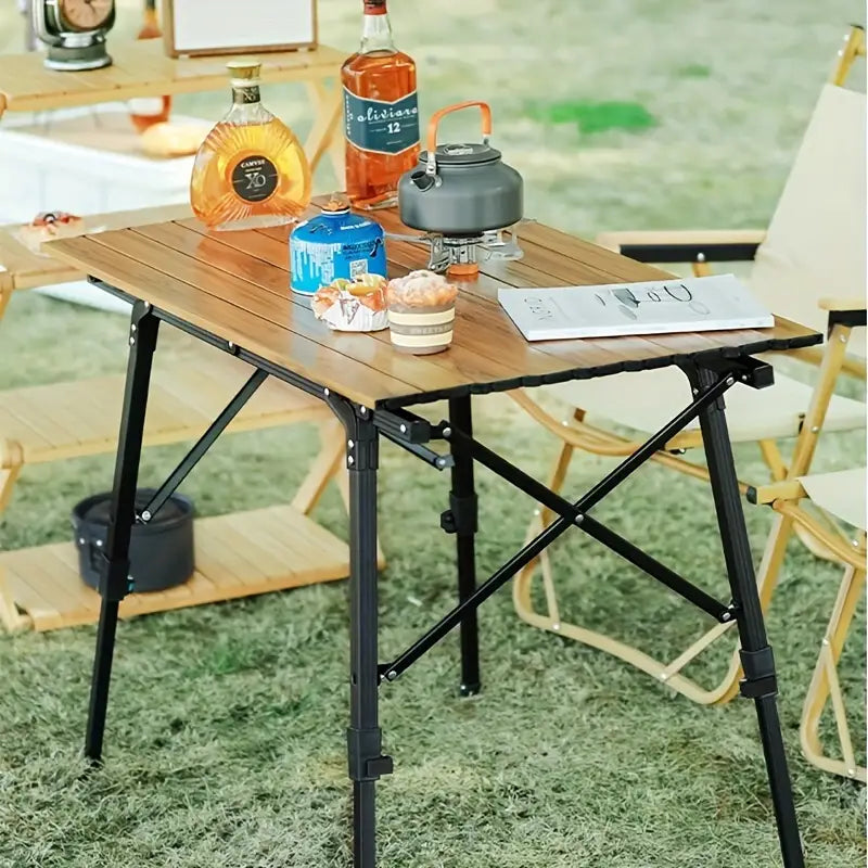 Outdoor Folding Aluminum Alloy Table - Large Wood Grain, Tripod Base