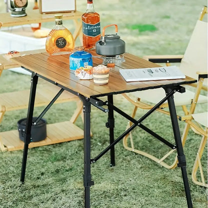 Outdoor Folding Aluminum Alloy Table - Large Wood Grain, Tripod Base