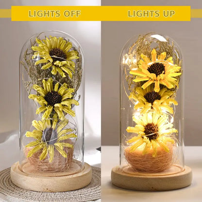 Radiant Christmas Joy: LED-Lit Artificial Sunflower in Glass Dom