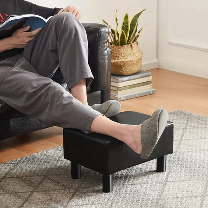 Small Wooden Leg Ottoman: Black PU Faux Leather Footrest