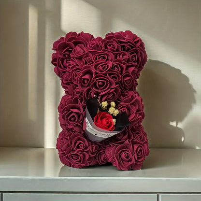 Preserved Rose Teddy Bear Floral Gift (Burgundy)