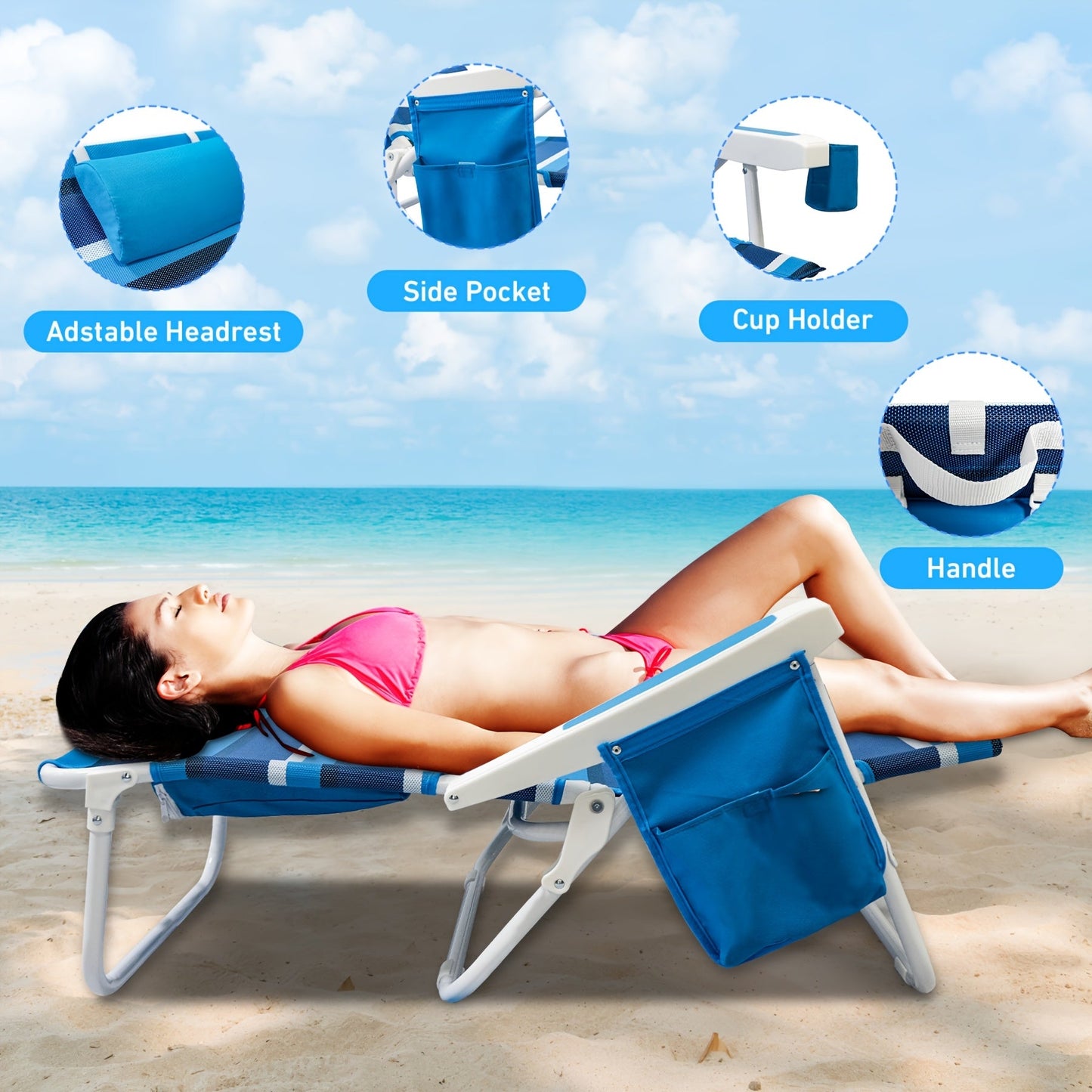 Foldable Beach Lounge Chairs with Backrest (2pcs)