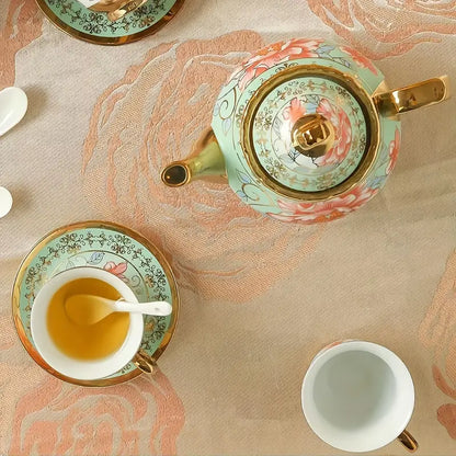 Green Elegance in Bloom: 20-Piece Ceramic Tea and Coffee Set with Iron Rack