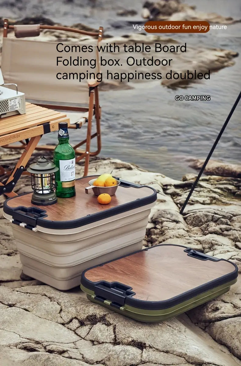 1 Set Outdoor Camping Folding Storage Box with Wooden Lid - Coffee Color