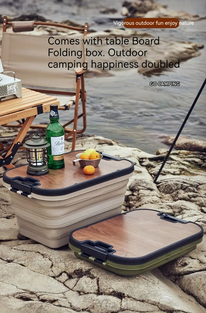 1 Set Outdoor Camping Folding Storage Box with Wooden Lid - Coffee Color