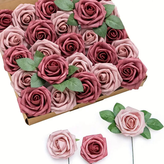 25pcs Real Touch Artificial Roses - Cinnamon Rose & Shabby Pink