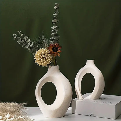 Set of 2 White Ceramic Vases - Modern Boho Decor