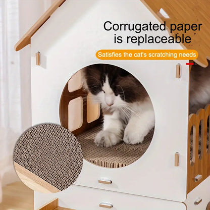 Villa-Style Cat Scratcher Cardboard House - Plaid Pattern