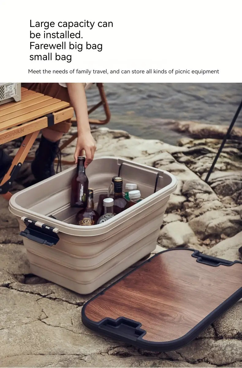 1 Set Outdoor Camping Folding Storage Box with Wooden Lid - Coffee Color