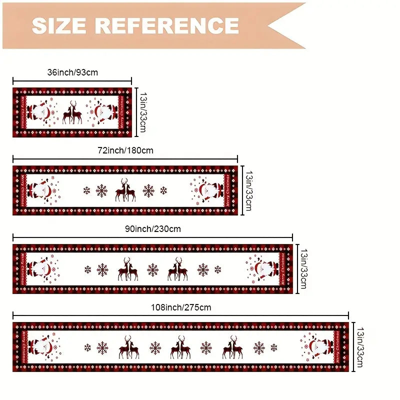 Seasonal Winter Holiday Table Runner - Red and Black Buffalo Check Plaid with Santa Claus & Snowflake Patterns