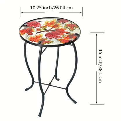Outdoor Mosaic Side Table with Printed Maple Leaf Glass Top