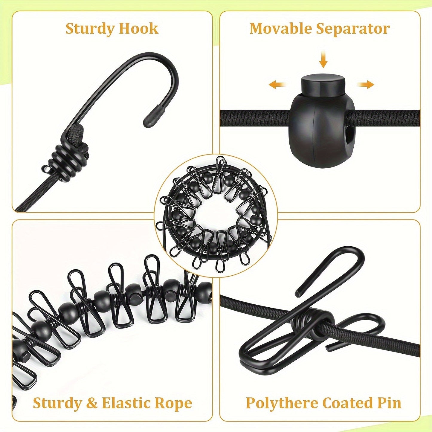 Camping Clothes Drying Rope with 12 Clips