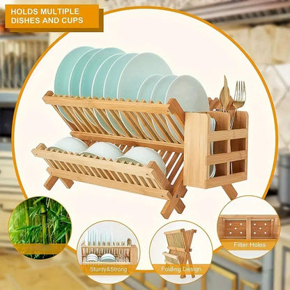 High Quality Natural Bamboo Dish Rack - Foldable and Compact